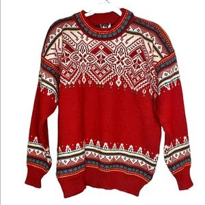 Dale of Norway Vintage Red Orange Fair Isle Balloon Sleeve Wool Sweater M